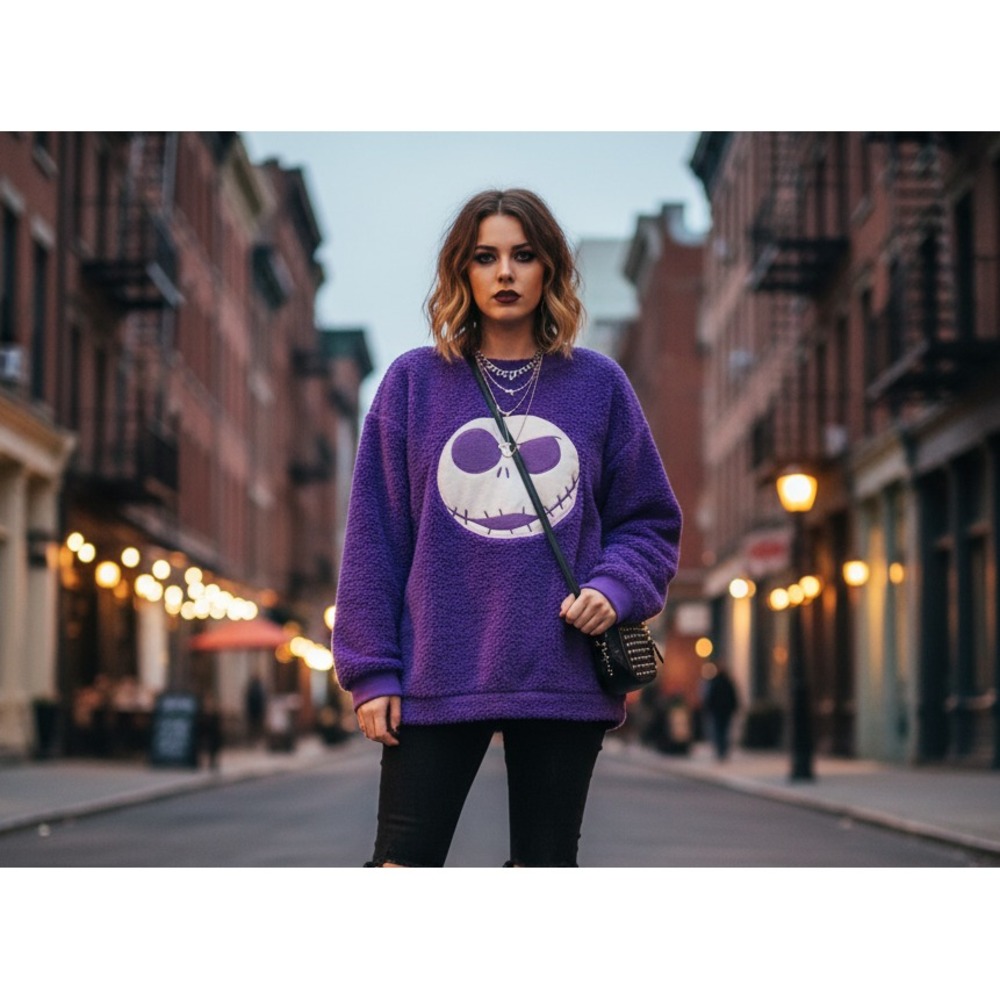 Nightmare Before Christmas Fuzzy‎ Sweatshirt Womens M Purple Cozycore Loungewear